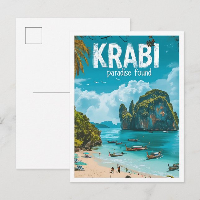 Carte Postale Krabi Thaïlande Illustration de voyage d'art Vinta (Devant / Derrière)