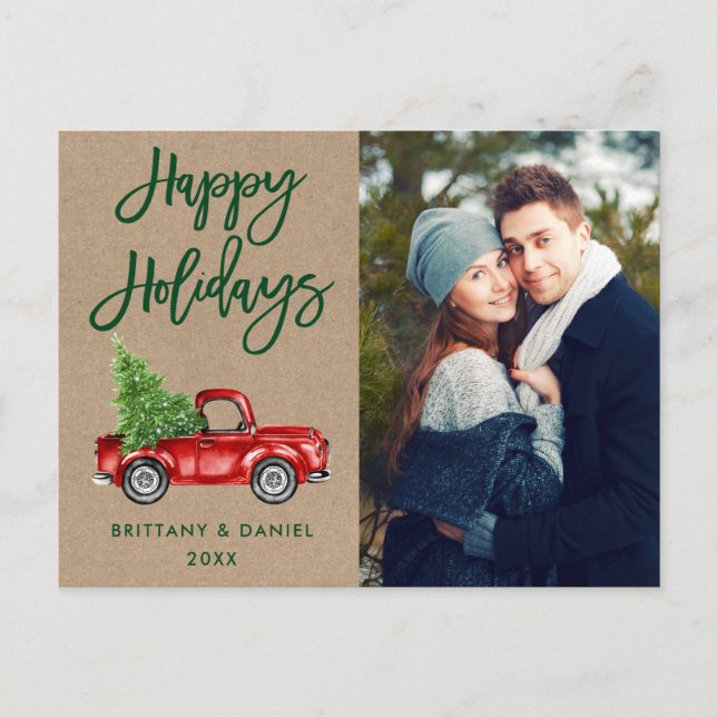 Carte Postale Kraft Brosse Script Camion Couple Photo Vacances (Devant)