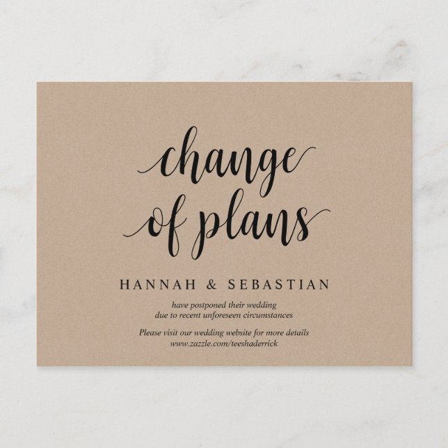 Carte Postale Kraft rustique, Changement de plans, mariage repor (Devant)