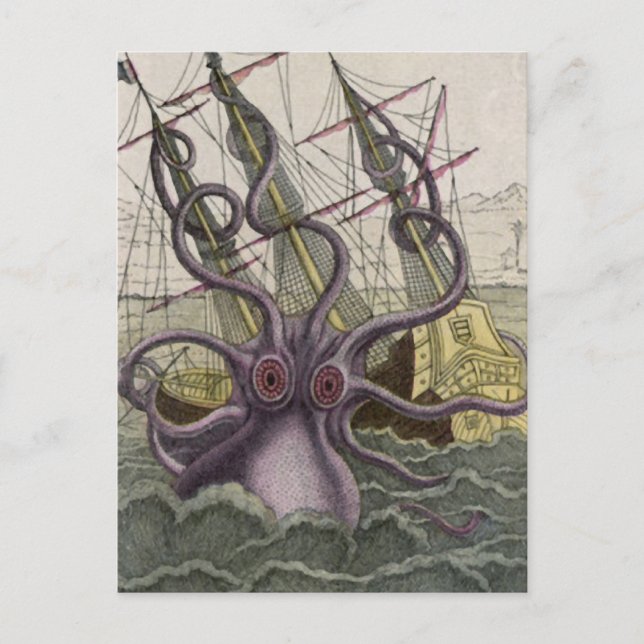 Carte Postale Kraken/Octopus Mangeant Un Bateau Pirate, Couleur (Devant)