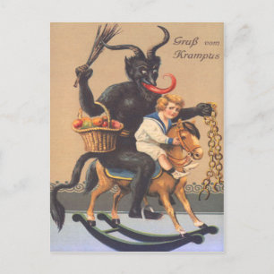 Carte Postale Krampus Équitation Hobbyhorse Avec Garçon