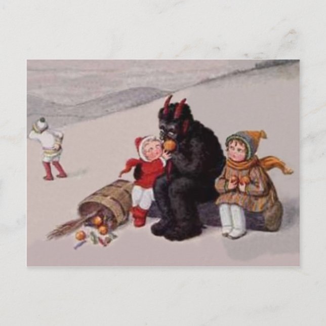 Carte Postale Krampus Jouant Avec Des Enfants Neige (Devant)