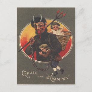 Carte Postale Krampus kidnappant un garçon et une fille