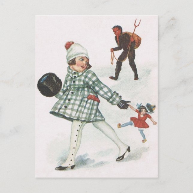 Carte Postale Krampus Poursuivant Une Petite Fille Avec Poupée (Devant)