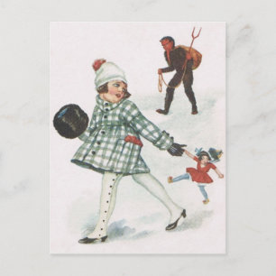 Carte Postale Krampus poursuivant une petite fille avec une poup
