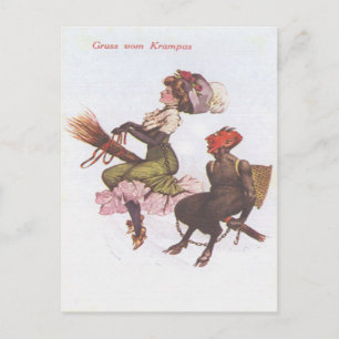 Carte Postale Krampus sur un balai avec une femme