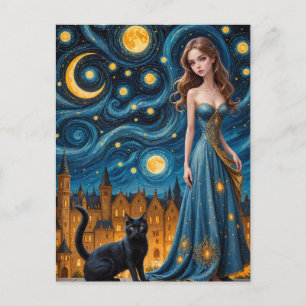Carte Postale La Belle Femme et Chat dans une ville nocturne