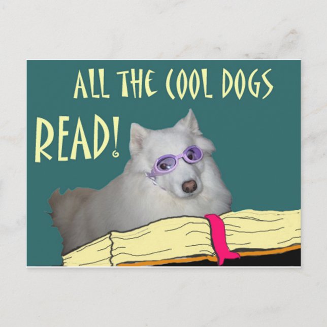 Carte Postale La bibliothèque - Samoyed - les chiens frais a lu (Devant)