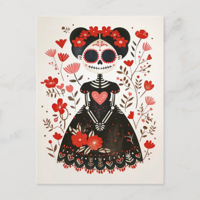 Carte Postale La Catrina avec Fleurs Jour Whimsical des Morts (Devant)