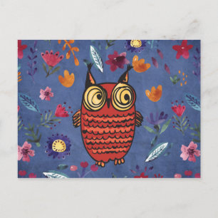 Carte Postale La chouette des oiseaux dans le jardin fleuri
