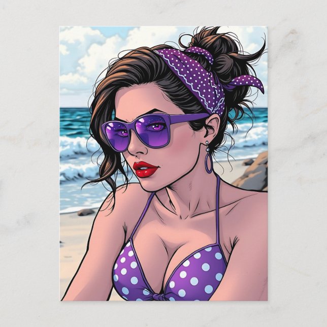 Carte Postale La dame de plage à Shades, Bikini et Bandana (Devant)
