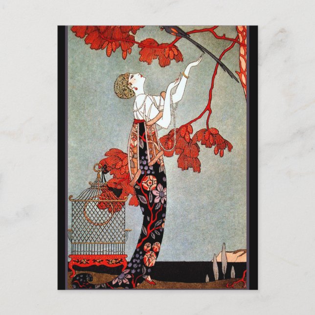 Carte Postale La femme Art déco et le perroquet (Devant)