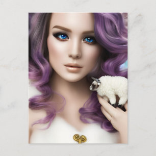 Carte Postale La femme aux cheveux violets et un mouton en peluc