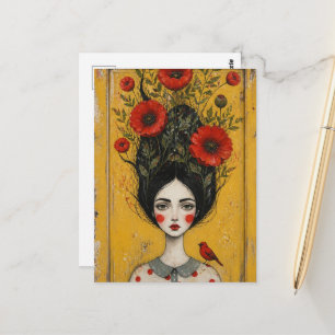 Carte Postale La femme aux coquelicots Peinture en techniques mi
