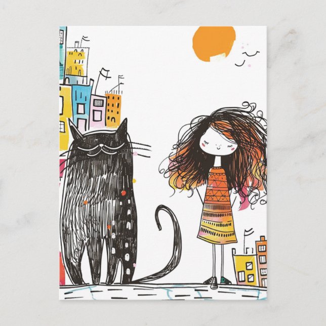 Carte Postale La fille et le chat noir géant dans la ville (Devant)