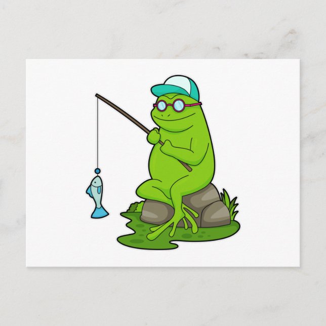 Carte Postale La grenouille comme pêcheur avec la canne à pêche  (Devant)
