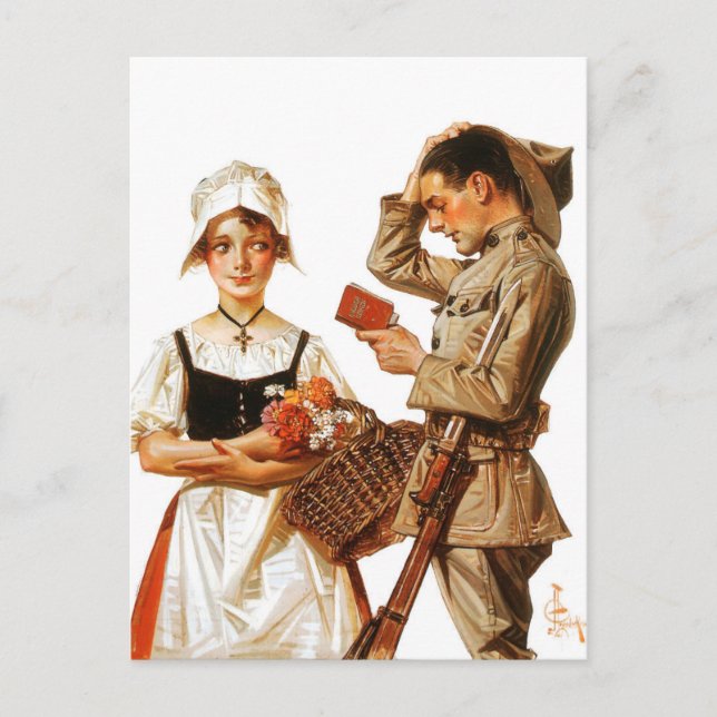 Carte Postale La jolie Française et le Soldat Nerveux (Devant)