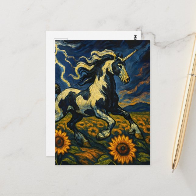 Carte Postale La licorne pie dans une tempête (Devant/Arrière en situation)