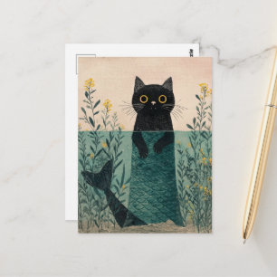 Carte Postale La Mignonne Sirène Chatte Noire