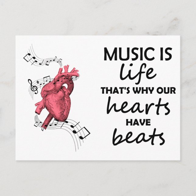 Carte Postale La musique est la vie, Heart Print, Music Quote, M (Devant)