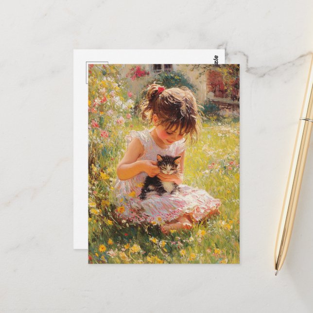 Carte Postale La petite fille adorable en rose et son chaton (Devant/Arrière en situation)