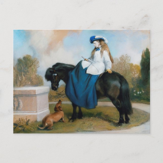 Carte Postale La princesse Beatrice à cheval en amazone & teckel (Devant)