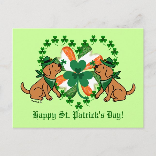 Carte Postale La Saint-Patrick Deux Labradors rouges renards  (Devant)