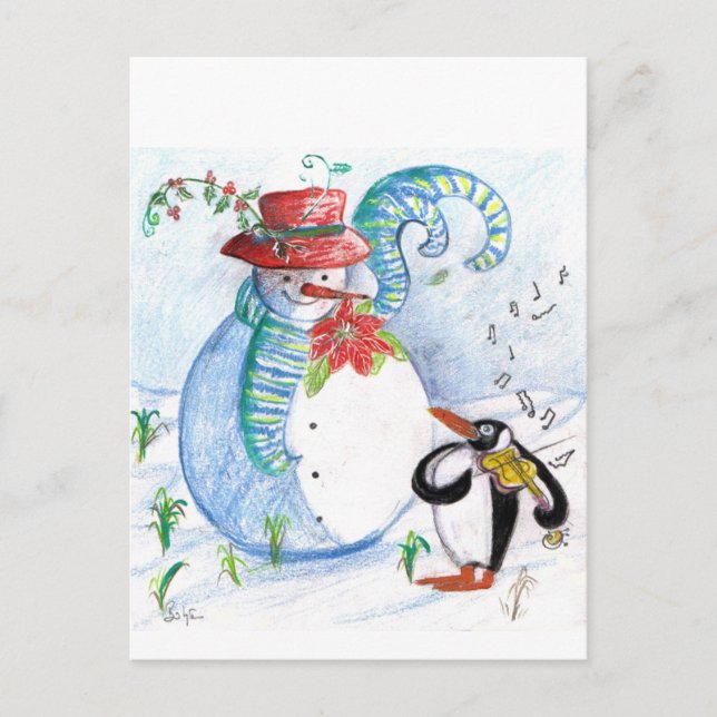 CARTE POSTALE LA SÉRÉNADE HIVERNALE DE SNOWMAN ET PENGUIN (Devant)
