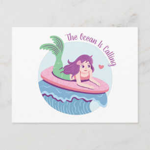 Carte Postale La sirène surfiste appelle l'océan de façon drôle