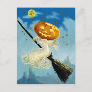Carte Postale La sorcière de citrouille vole sur un balai la
