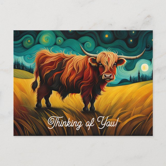 Carte Postale La vache cool de la ferme Highland Pensez à vous (Devant)