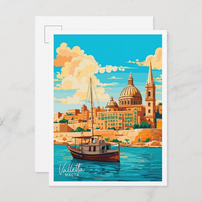 Carte Postale La Valette Malte Voyage Vintage illustration (Devant / Derrière)