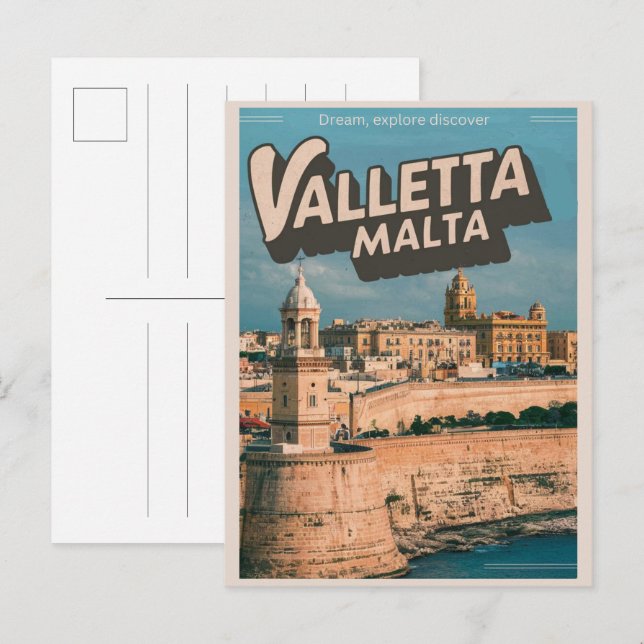 Carte Postale La Valette vintage, Malte voyage souvenirs et cade (Devant / Derrière)