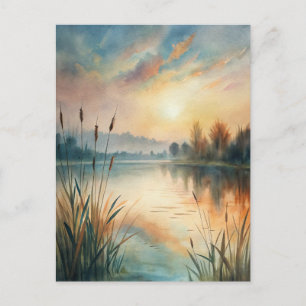 Carte Postale Lac aquarelle Lever de soleil Paisible