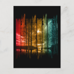 CARTE POSTALE LAC ARBRES VINTAGE COUCHER DE SOLEIL