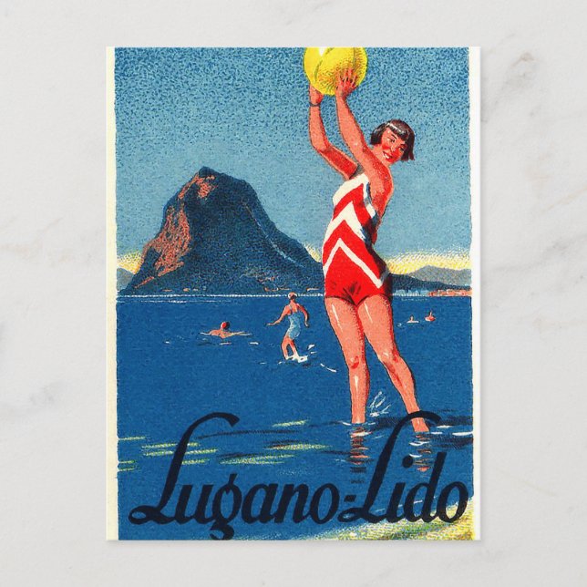Carte Postale Lac Lugano, plage, fille avec balle de plage, vint (Devant)