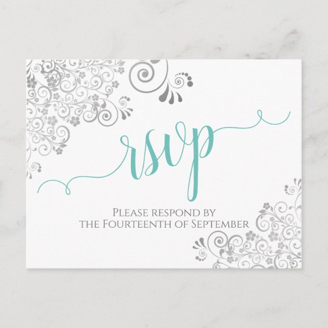 Carte Postale Lacy Aqua Calligraphie sur le mariage blanc RSVP (Devant)