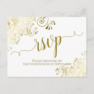 Carte Postale Lacy Gold Calligraphie Elégant mariage blanc RSVP