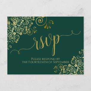 Carte Postale Lacy Gold Calligraphie Emerald Green Wedding RSVP