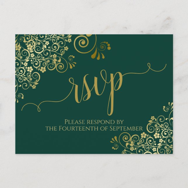 Carte Postale Lacy Gold Calligraphie Emerald Green Wedding RSVP (Devant)