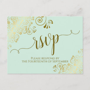 Carte Postale Lacy Gold Calligraphie Neo Mint Green Wedding RSVP