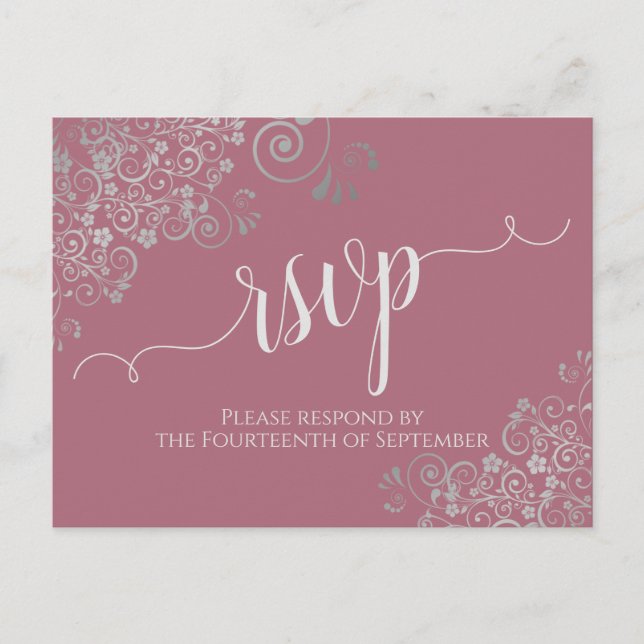 Carte Postale Lacy Silver Calligraphie Dusty Mariage Rose RSVP (Devant)