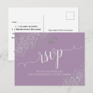 Carte Postale Lacy Silver Calligraphie Lavender Wedding RSVP