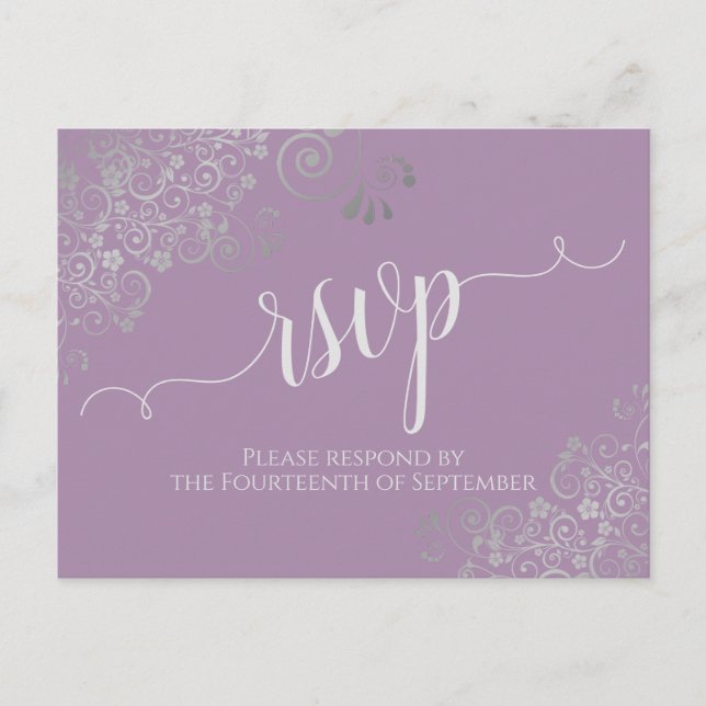 Carte Postale Lacy Silver Calligraphie Lavender Wedding RSVP (Devant)