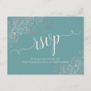 Carte Postale Lacy Silver Calligraphie Mariage Turquoise RSVP