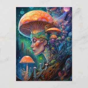 Carte Postale Lady Et Champignons Surreal Imaginaire Art