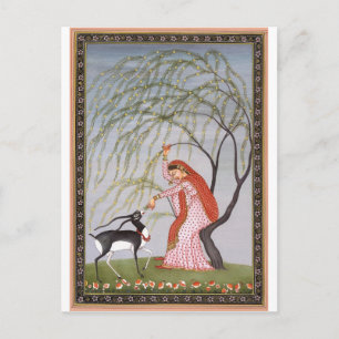 CARTE POSTALE LADY FEEDING ANTELOPE ANCIEN INDE ART