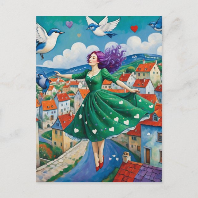 Carte Postale Lady Flyinh Aux Cheveux Violets (Devant)