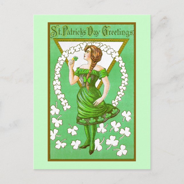 Carte Postale Lady Holding Shamrock Jour de la Saint Patrick Vin (Devant)