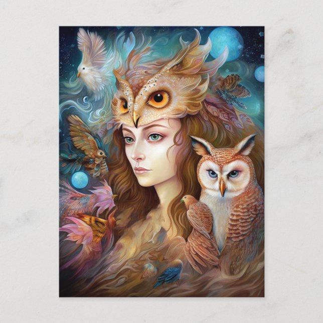 Carte Postale Lady With Owl Surreal Imaginaire Art (Devant)